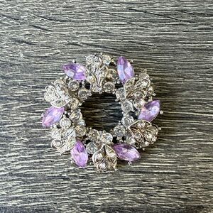 Vintage Rhinestone & Amethyst Navette Wreath Brooch Rhinestone Leaves